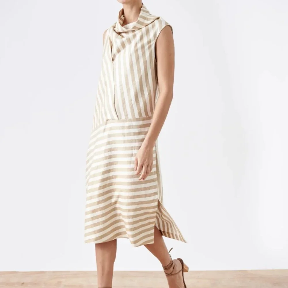 Zero + Maria Cornejo Sleeveless Stripe Folded High-Neck Dress Size 12